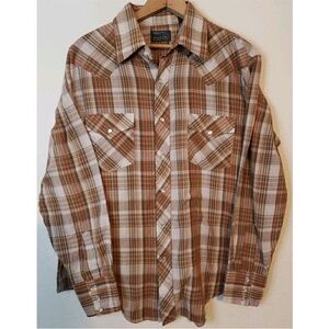 SOLD Vintage JC Penney Western Pearl Snap Brown Orange Plaid Shirt 16-16 1/2 EUC